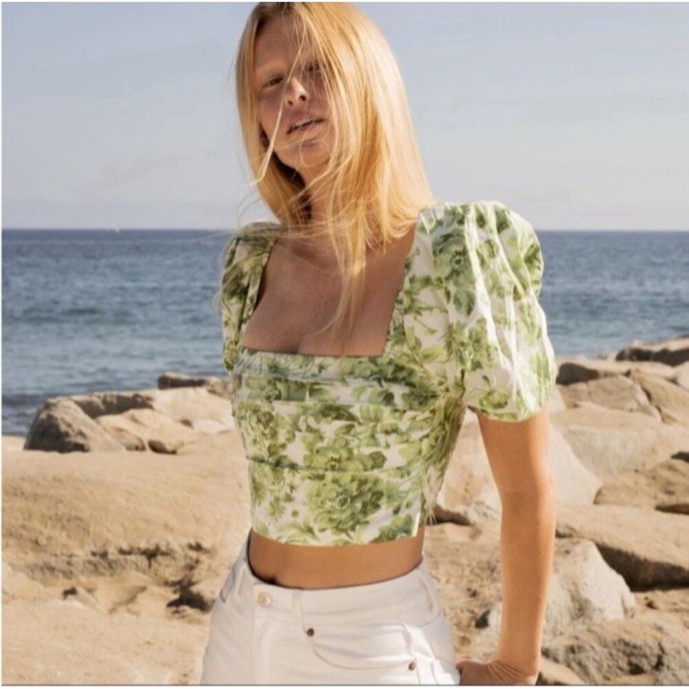 Abercrombie & Fitch Puff Sleeve Square Neck Poplin Top Green Floral - Size Small